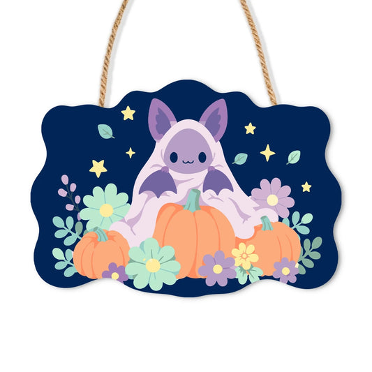Paint by Numbers - Wooden Door Hanger | Bat on a Pumpkin with Flowers