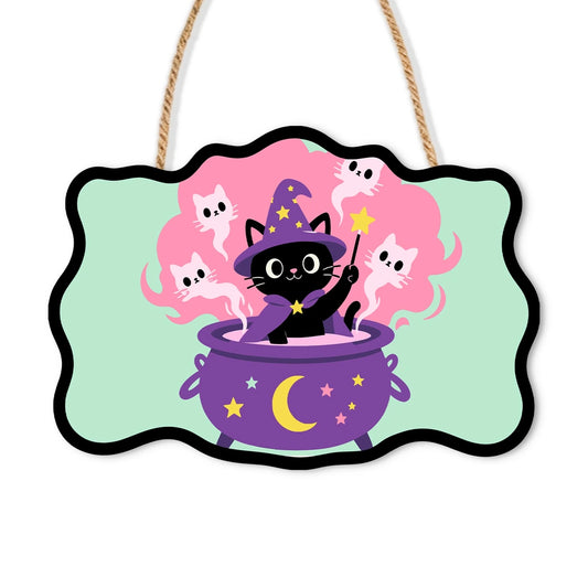 Paint by Numbers - Wooden Door Hanger | Black Cat Magician in the Cauldron