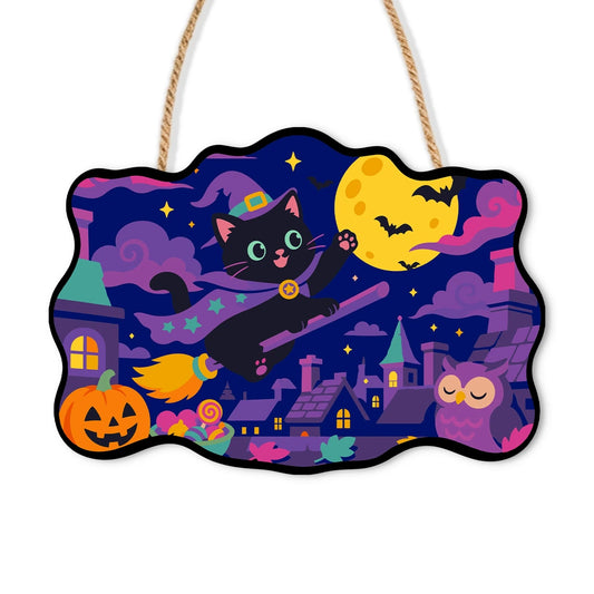 Paint by Numbers - Wooden Door Hanger | Black Cat Witch Flying Over Town