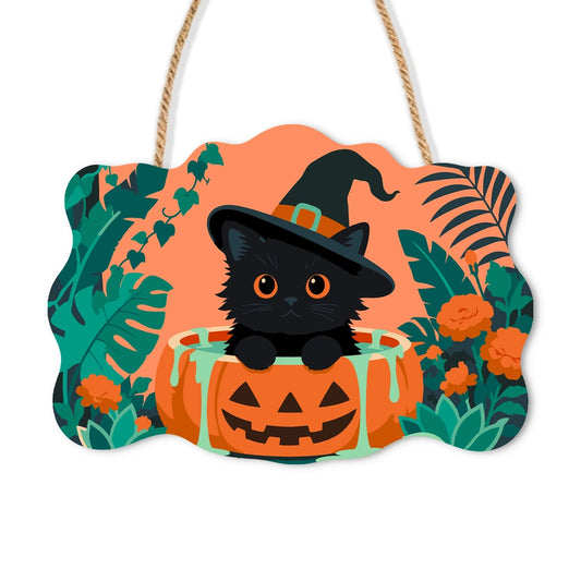 Paint by Numbers - Wooden Door Hanger | Black Cat Witch in a Pumpkin Tub