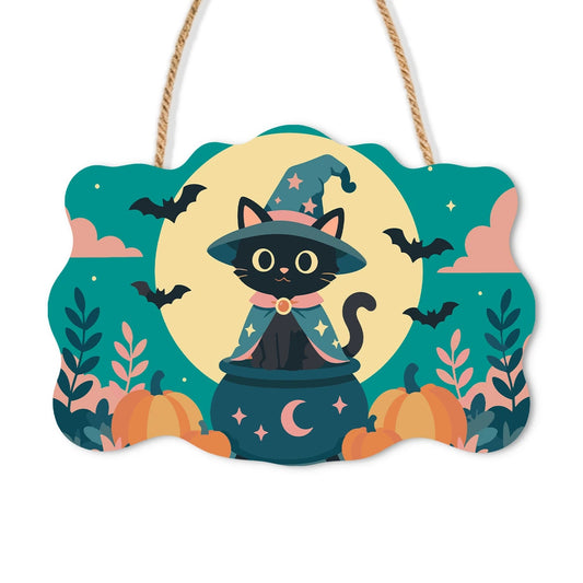 Paint by Numbers - Wooden Door Hanger | Black Cat Witch in the Moon