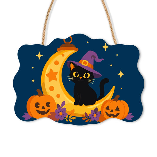Paint by Numbers - Wooden Door Hanger | Black Cat Witch on the Crescent Moon