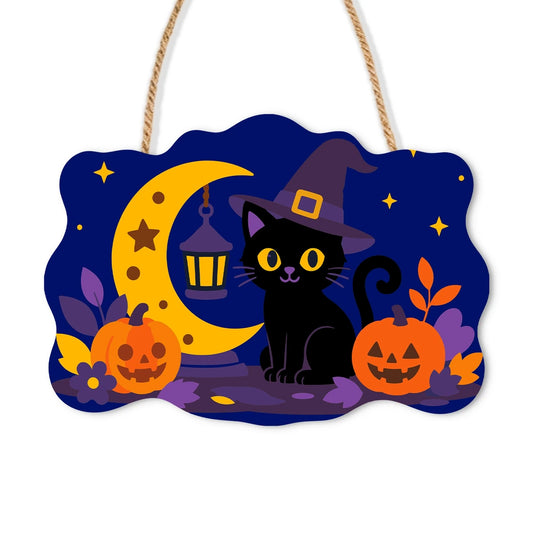 Paint by Numbers - Wooden Door Hanger | Black Cat Witch with a Lantern Moon
