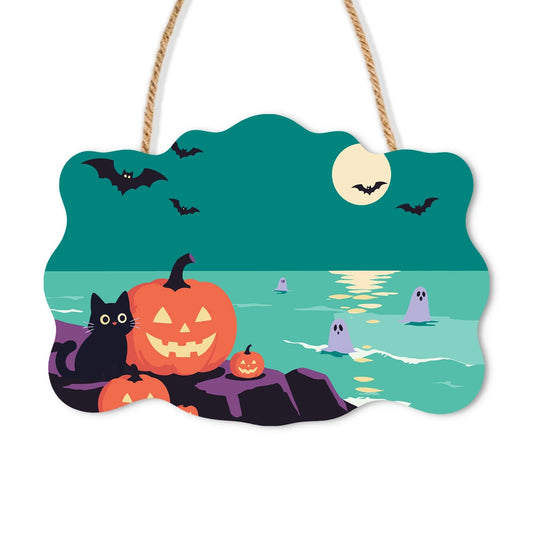 Paint by Numbers - Wooden Door Hanger | Black Cat and Pumpkins by the Sea