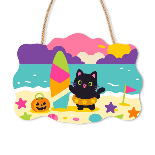 Paint by Numbers - Wooden Door Hanger | Black Cat at the Beach