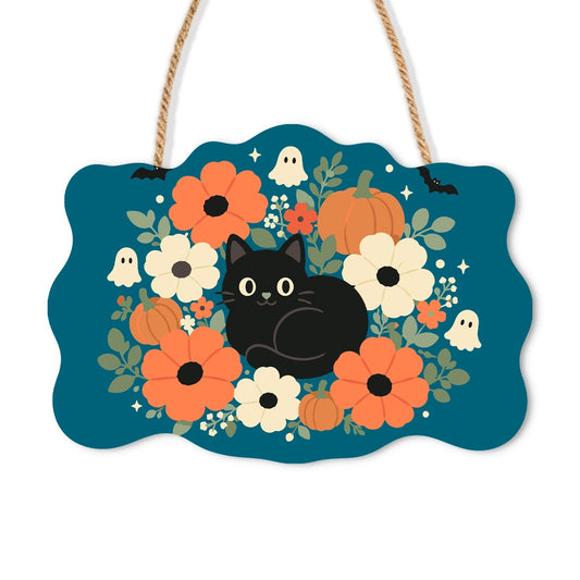 Paint by Numbers - Wooden Door Hanger | Black Cat in a Flower Wreath