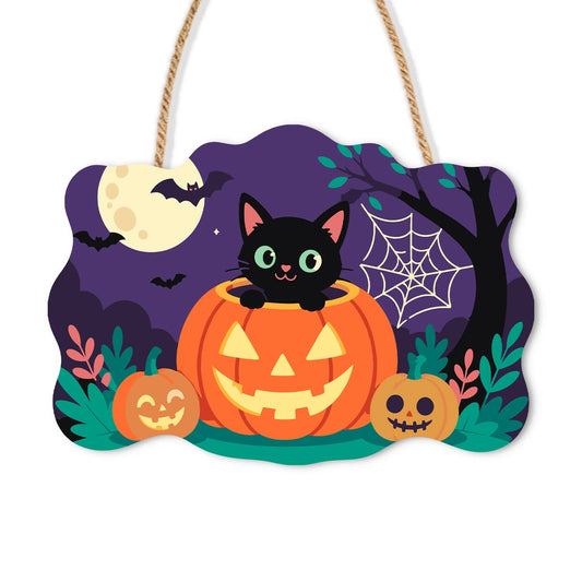 Paint by Numbers - Wooden Door Hanger | Black Cat in a Jack-o'-Lantern