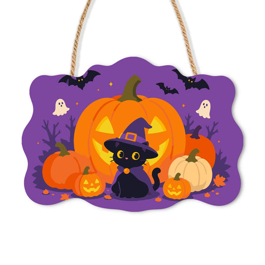 Paint by Numbers - Wooden Door Hanger | Black Cat in a Witch Hat Among Jack-o'-Lanterns