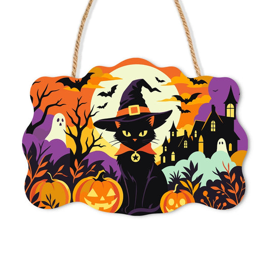 Paint by Numbers - Wooden Door Hanger | Black Cat in a Witch Hat at Sunset