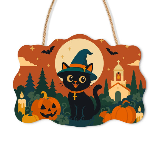 Paint by Numbers - Wooden Door Hanger | Black Cat in a Witch Hat by the Church