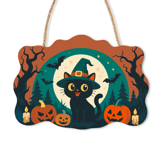 Paint by Numbers - Wooden Door Hanger | Black Cat in a Witch Hat with Pumpkins