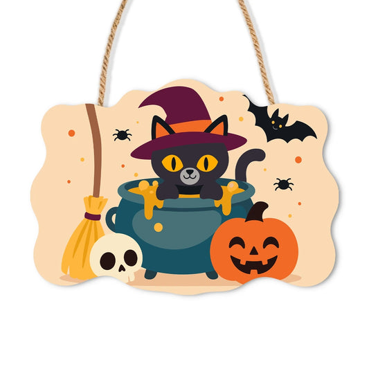 Paint by Numbers - Wooden Door Hanger | Black Cat in a Witch Hat with a Cauldron