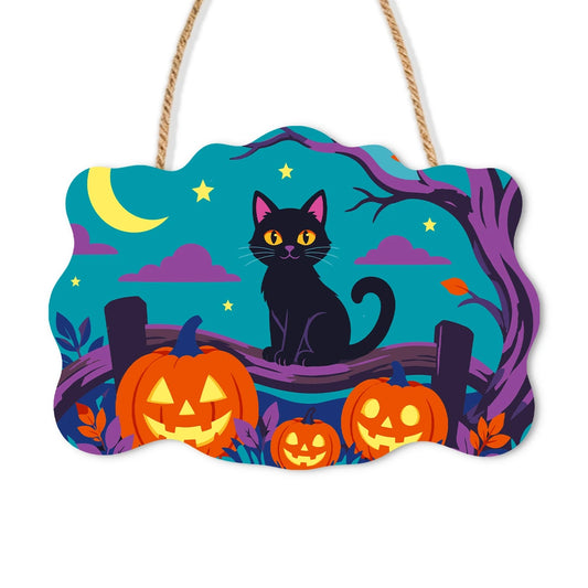 Paint by Numbers - Wooden Door Hanger | Black Cat on a Branch with Pumpkins