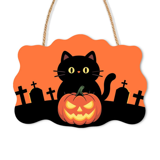 Paint by Numbers - Wooden Door Hanger | Black Cat on a Pumpkin at Sunset
