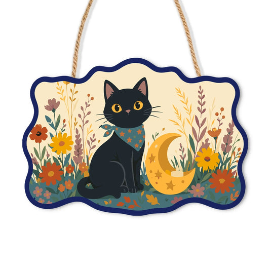 Paint by Numbers - Wooden Door Hanger | Black Cat with a Crescent Moon in the Meadow
