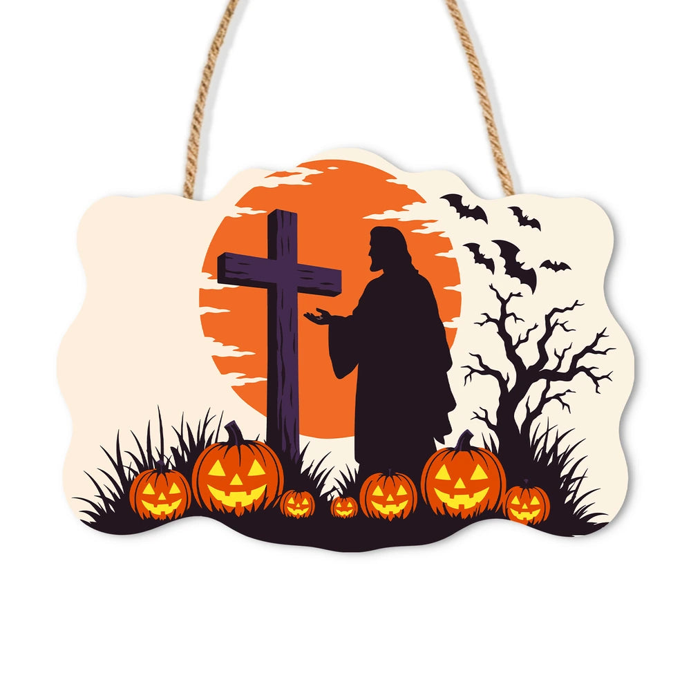 Paint by Numbers - Wooden Door Hanger | Cross at Sunset with Pumpkins