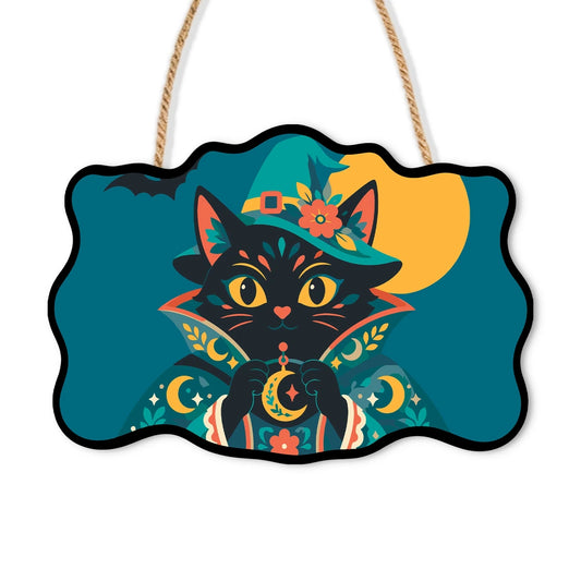 Paint by Numbers - Wooden Door Hanger | Folk Art Cat in a Witch Hat