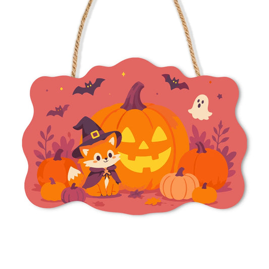 Paint by Numbers - Wooden Door Hanger | Fox in a Witch Hat with a Jack-o'-Lantern