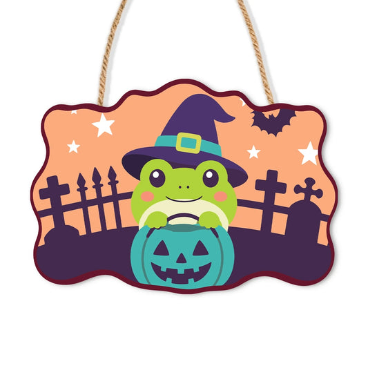 Paint by Numbers - Wooden Door Hanger | Frog in a Witch Hat with a Pumpkin