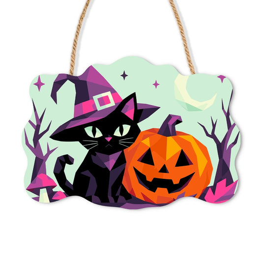 Paint by Numbers - Wooden Door Hanger | Geometric Black Cat with a Jack-o'-Lantern