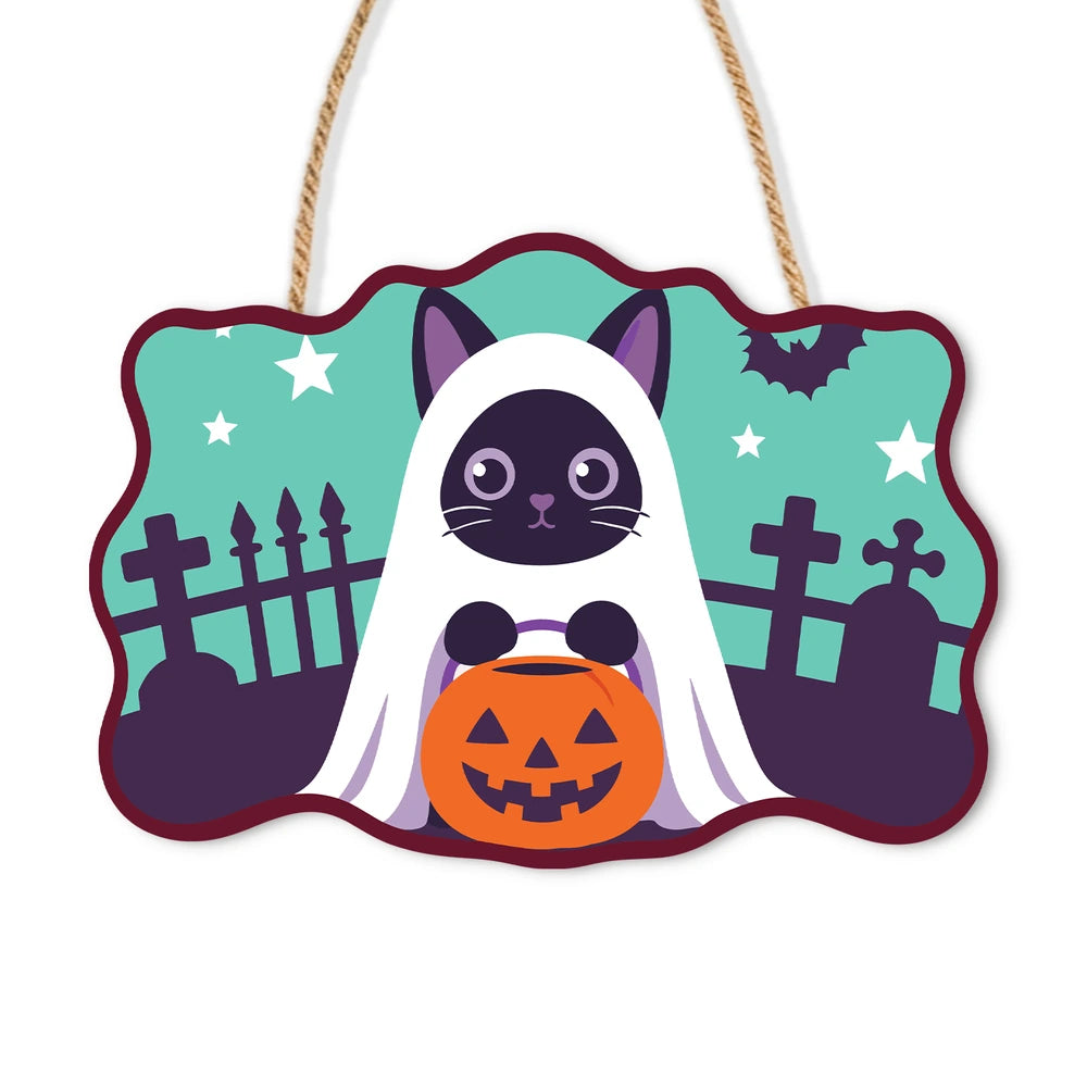 
Paint by Numbers - Wooden Door Hanger | Ghost Cat with a Pumpkin