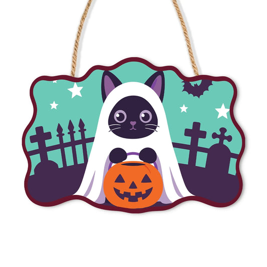 Paint by Numbers - Wooden Door Hanger | Ghost Cat with a Pumpkin