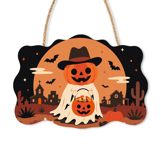 Paint by Numbers - Wooden Door Hanger | Ghost Cowboy with a Pumpkin