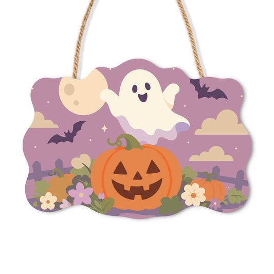Paint by Numbers - Wooden Door Hanger | Ghost Over a Jack-o'-Lantern at Dusk