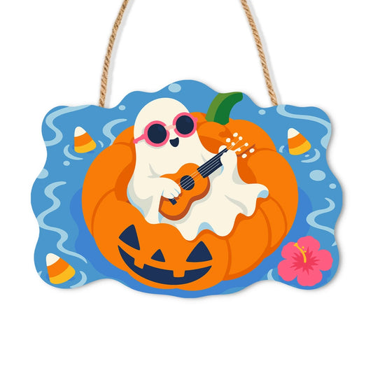 Paint by Numbers - Wooden Door Hanger | Ghost Playing Ukulele on a Pumpkin Float