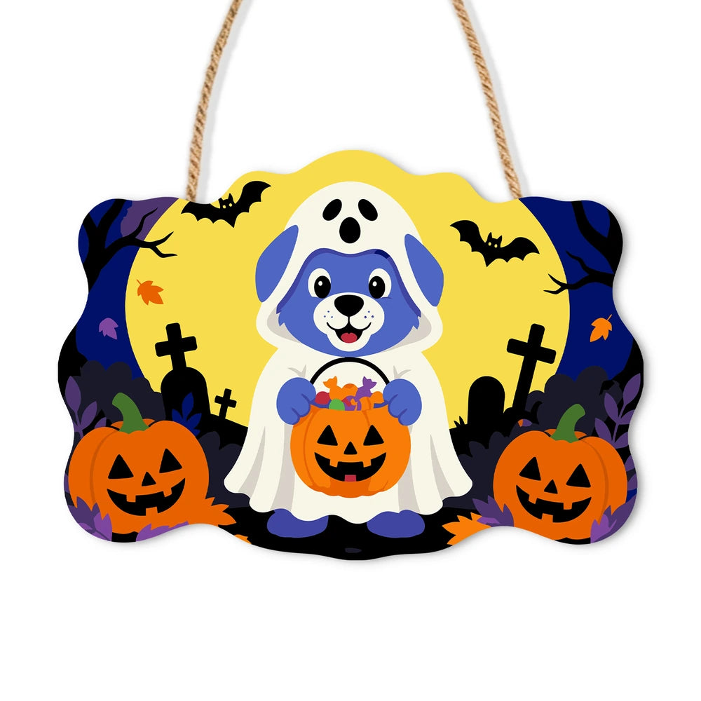 Paint by Numbers - Wooden Door Hanger | Ghost Puppy with a Candy Bucket