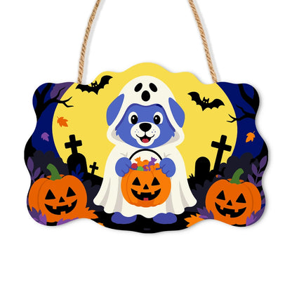 Paint by Numbers - Wooden Door Hanger | Ghost Puppy with a Candy Bucket