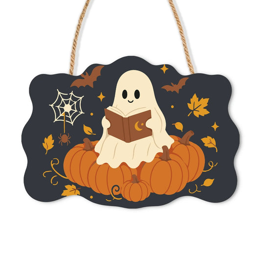 Paint by Numbers - Wooden Door Hanger | Ghost Reading on a Pumpkin