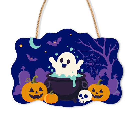 Paint by Numbers - Wooden Door Hanger | Ghost in a Cauldron in the Graveyard