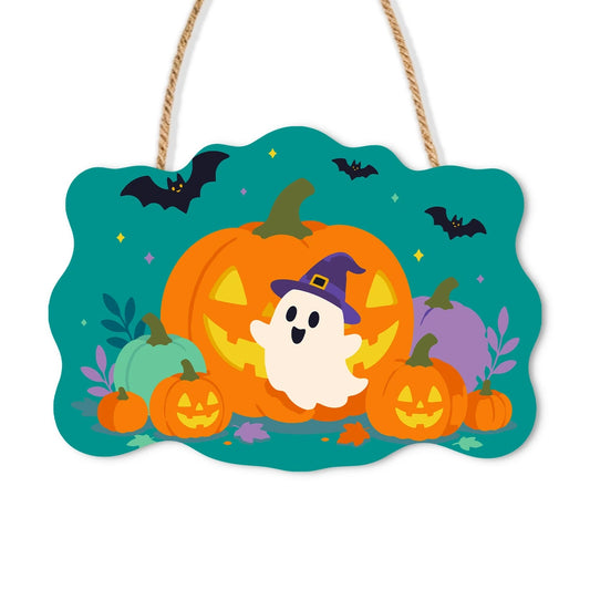 Paint by Numbers - Wooden Door Hanger | Ghost in a Witch Hat with Pumpkins