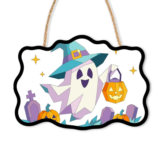 Paint by Numbers - Wooden Door Hanger | Ghost in a Witch Hat with a Pumpkin Bucket