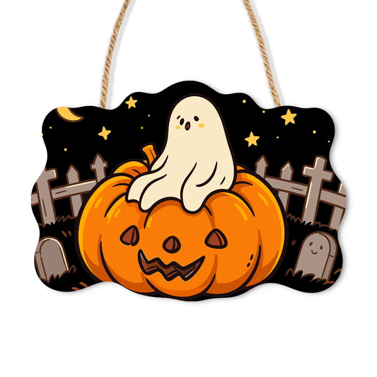 Paint by Numbers - Wooden Door Hanger | Ghost on a Jack-o'-Lantern in the Graveyard