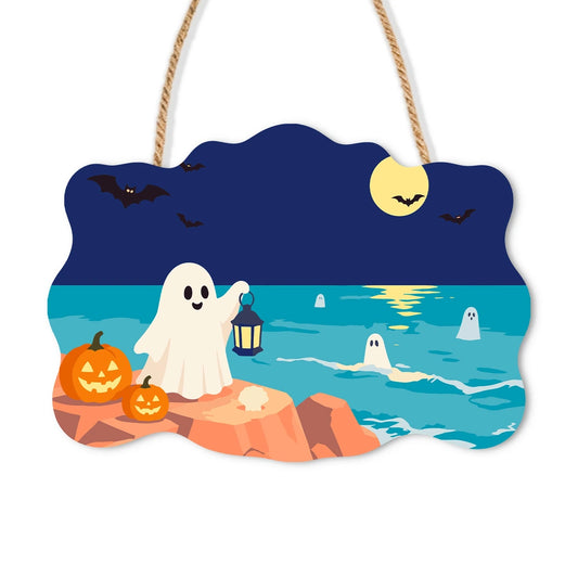 Paint by Numbers - Wooden Door Hanger | Ghost with a Lantern by the Sea