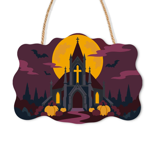 Paint by Numbers - Wooden Door Hanger | Gothic Church Under the Full Moon