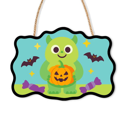 Paint by Numbers - Wooden Door Hanger | Green Monster with a Jack-o'-Lantern