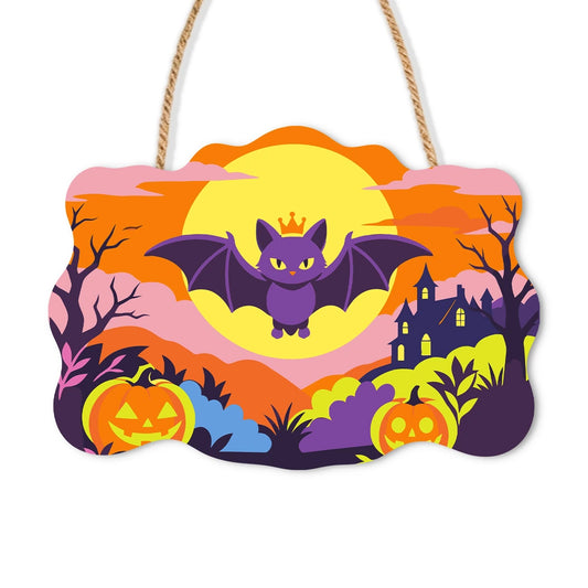 Paint by Numbers - Wooden Door Hanger | Happy Bat Over the Pumpkin Patch