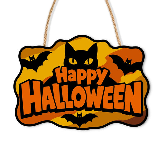 Paint by Numbers - Wooden Door Hanger | Happy Halloween Black Cat and Bats
