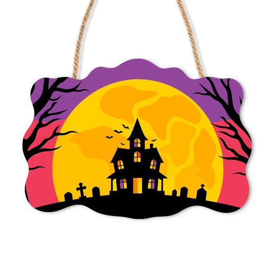 Paint by Numbers - Wooden Door Hanger | Haunted House in the Full Moon