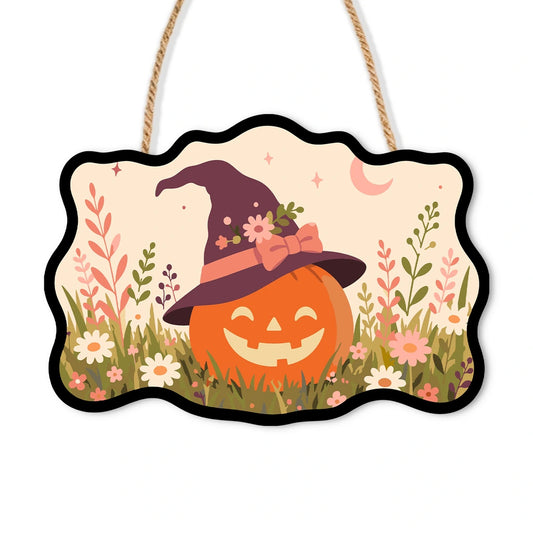 Paint by Numbers - Wooden Door Hanger | Jack-o'-Lantern in a Witch Hat in the Meadow