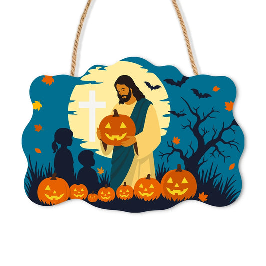 Paint by Numbers - Wooden Door Hanger | Jesus Giving a Jack-o'-Lantern