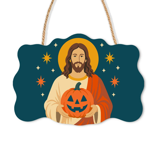 Paint by Numbers - Wooden Door Hanger | Jesus with a Jack-o'-Lantern