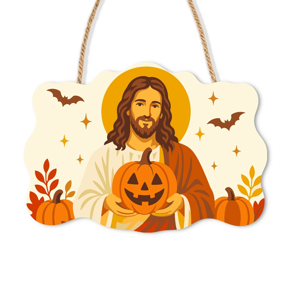 Paint by Numbers - Wooden Door Hanger | Jesus with a Jack-o'-Lantern in Autumn