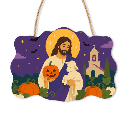 Paint by Numbers - Wooden Door Hanger | Jesus with a Lamb and Jack-o'-Lantern