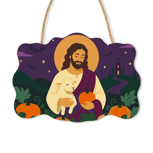 Paint by Numbers - Wooden Door Hanger | Jesus with a Lamb and Pumpkin