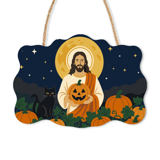 Paint by Numbers - Wooden Door Hanger | Jesus with a Pumpkin and Black Cat