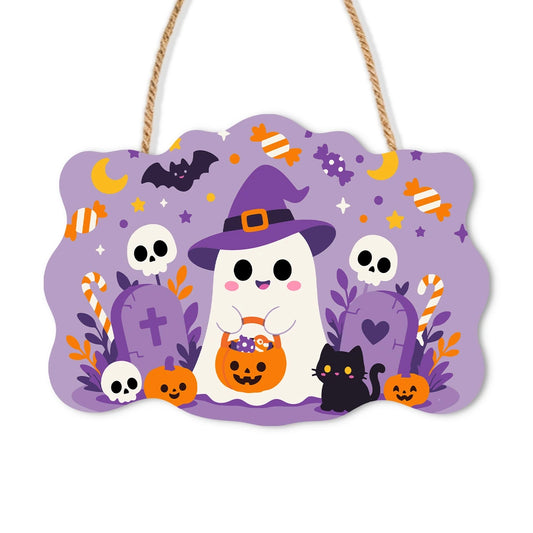 Paint by Numbers - Wooden Door Hanger | Little Ghost with a Candy Bucket